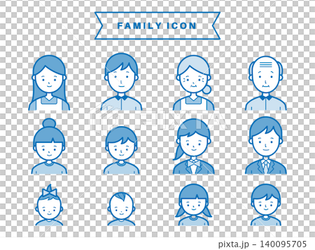 Family and People Icon Set (Blue, Three Generations, Life Stages, Simple, Two Colors, Vector) 140095705