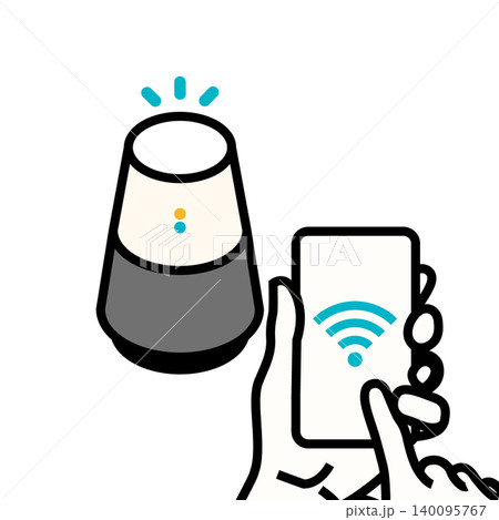 スマートフォンで遠隔操作するスマートスピーカーのIoT住宅設備アイコンイラスト スマートフォンで遠隔操作するスマートスピーカーのIoT住宅設備アイコンイラスト 140095767