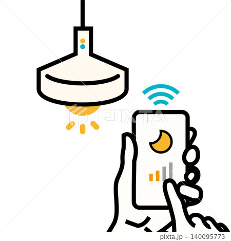 スマートフォンで遠隔操作や調光ができるスマートLEDライトのアイコンイラスト、照明住宅設備 140095773