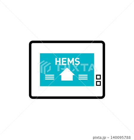 HEMSで家全体のエネルギーを一括管理するスマートホームの住宅設備モニターアイコンイラスト 140095788