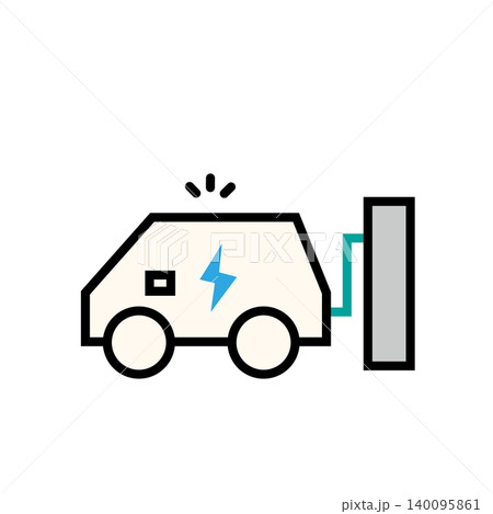 EV充電設備や電気自動車を表すアイコンイラスト、住宅、ガレージ、EV自動車 140095861