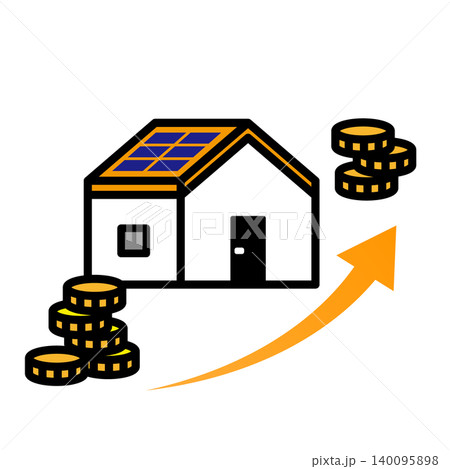 住宅価格の高騰や不動産投資を表す家とコインと上昇矢印のアイコンイラスト 住宅価格の高騰や不動産投資を表す家とコインと上昇矢印のアイコンイラスト 140095898