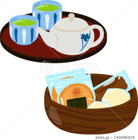 お盆に乗せた緑茶と木製鉢に入った茶菓子 140096029