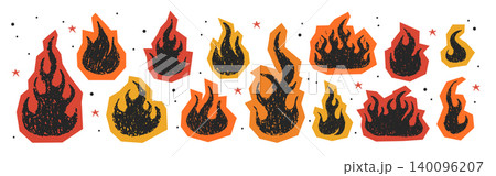 Crayon fire. Y2K vintage simple icons. Pencil grunge texture with burning fire flame. Collection of cutout paper collage stickers. Vector illustration in scrapbook style Crayon fire. Y2K vintage simple icons. Pencil grunge texture with burning fire flame. Collection of cutout paper collage stickers. Vector illustration in scrapbook style 140096207