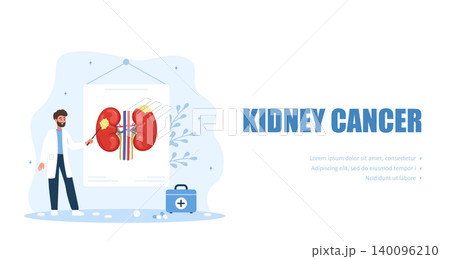 Kidney cancer concept. Medical diagnosis and health care treatment. Internal organ study. Vector illustration in flat cartoon style Kidney cancer concept. Medical diagnosis and health care treatment. Internal organ study. Vector illustration in flat cartoon style 140096210