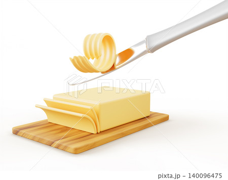 Butter block with knife cut curl on wooden tray or dish. Slices of spread and margarine realistic 3d render icon. Natural dairy product with soft creamy texture for cooking breakfast. 3D illustration Butter block with knife cut curl on wooden tray or dish. Slices of spread and margarine realistic 3d render icon. Natural dairy product with soft creamy texture for cooking breakfast. 3D illustration 140096475