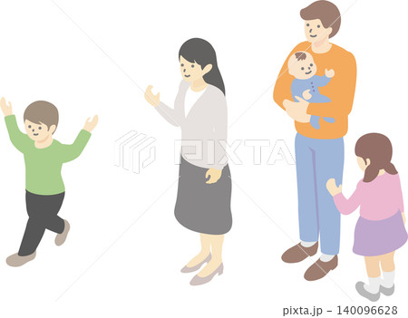 アイソメトリックで描かれた5人家族のイラスト(父親・母親・子ども・赤ちゃん) アイソメトリックで描かれた5人家族のイラスト(父親・母親・子ども・赤ちゃん) 140096628