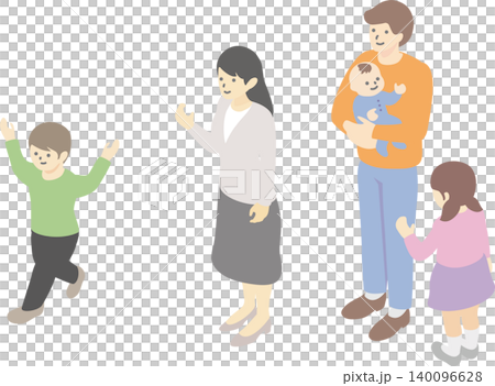 An isometric illustration of a family of five (father, mother, child, and baby). An isometric illustration of a family of five (father, mother, child, and baby). 140096628