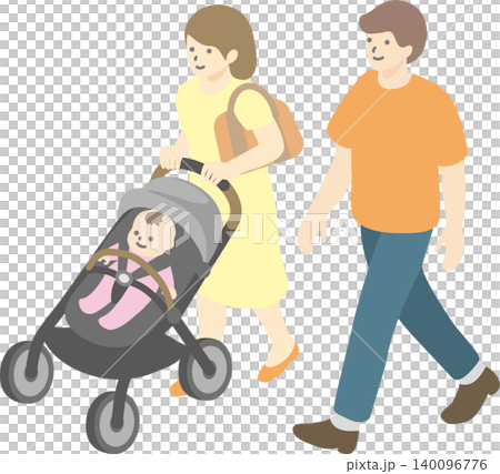 一家三口推著嬰兒車外出（育兒/散步）的等距插圖。 140096776