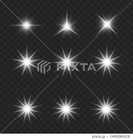 Realistic White Glowing Starburst Set. Vector Light Flare, Sparkle and Sunburst Effects on Transparent Background. 140096929