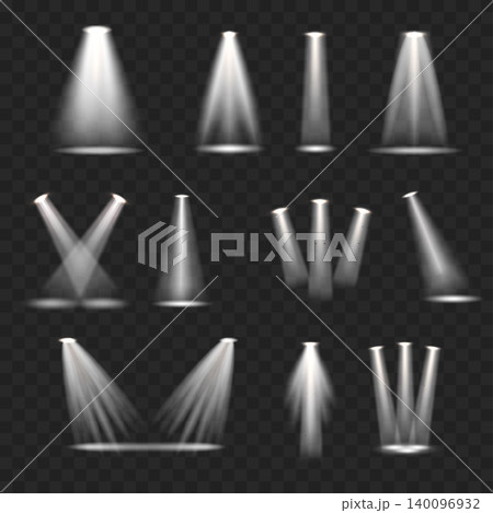 Realistic White Spotlight Beams Set. Vector Stage Illumination and Projector Light Rays on Transparent Background. Realistic White Spotlight Beams Set. Vector Stage Illumination and Projector Light Rays on Transparent Background. 140096932