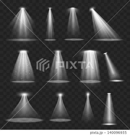 Realistic White Spotlight Beams Set. Vector Stage Illumination and Projector Light Rays on Transparent Background. Realistic White Spotlight Beams Set. Vector Stage Illumination and Projector Light Rays on Transparent Background. 140096935