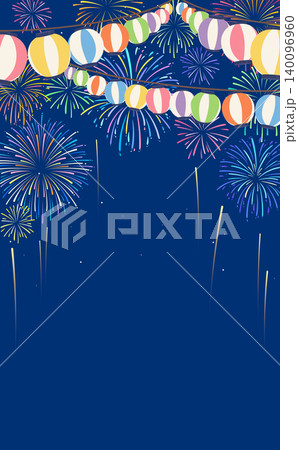 花火とカラフルな祭りの提灯の背景イラスト1_ 花火とカラフルな祭りの提灯の背景イラスト1_ 140096960