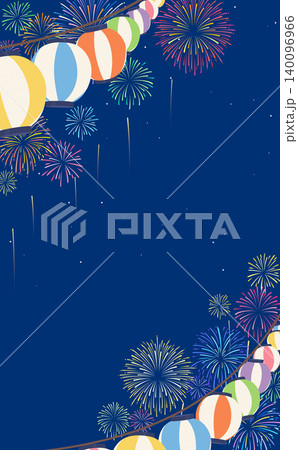 花火とカラフルな祭りの提灯の背景イラスト3_縦 140096966