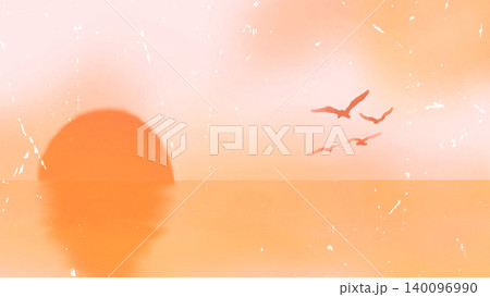 夕陽に向かって飛ぶカモメ 海の風景画 夕陽に向かって飛ぶカモメ 海の風景画 140096990