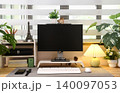 Modern contemporary work table setup with wooden desk 140097053