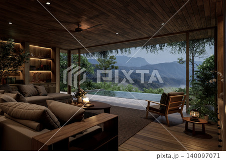 Modern contemporary living room with a breathtaking mountain view 3d render. Modern contemporary living room with a breathtaking mountain view 3d render. 140097071