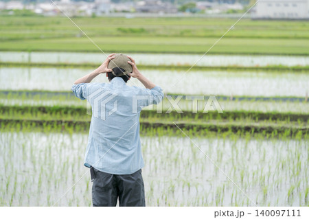 田んぼで落ち込む農家の後ろ姿 田んぼで落ち込む農家の後ろ姿 140097111