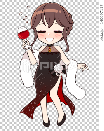 穿著長裙的女子喝醉了（動漫風格）。 140097117