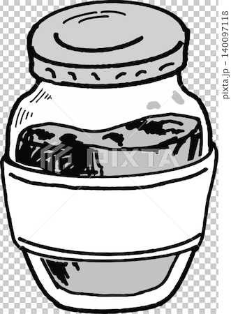 Hand-drawn monochrome illustration of a jar with a plain label (jam, sauce, condiment, food container) Hand-drawn monochrome illustration of a jar with a plain label (jam, sauce, condiment, food container) 140097118