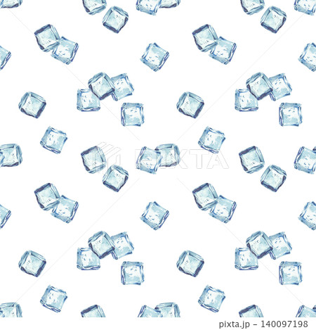 Watercolor Ice cubes seamless pattern. Realistic blue, square frozen pieces of ice cubes hand painted design on isolated white background for fabric, packaging refreshing water, drinks, wrapping paper 140097198