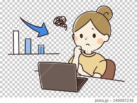 A hand-drawn illustration of a woman struggling in front of a computer. A hand-drawn illustration of a woman struggling in front of a computer. 140097238