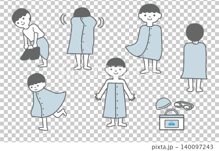 Pool opening, swimming lessons, changing clothes, wrap towel, boy, elementary school student, full body, back view, set Pool opening, swimming lessons, changing clothes, wrap towel, boy, elementary school student, full body, back view, set 140097243