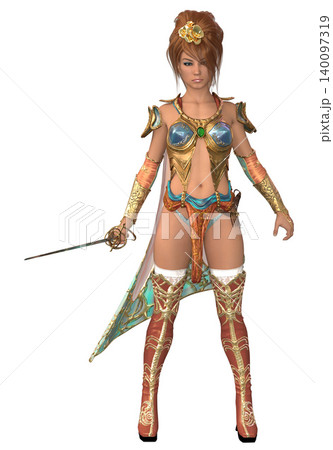 3D Female Warrior in Ornate Armor with Sword 140097319