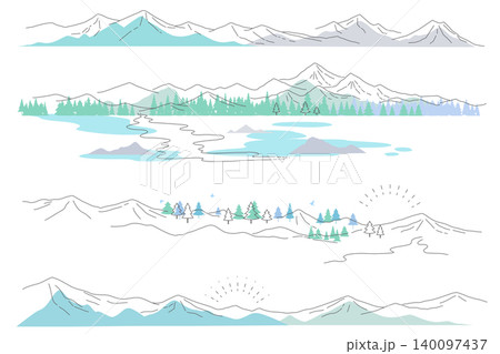 針葉樹と山のシルエットのイラストセット　背景イラスト 140097437