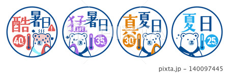 夏の暑さレベルアイコンセット(夏日・真夏日・猛暑日・酷暑日)シロクマキャラクター付き【線画版】 夏の暑さレベルアイコンセット(夏日・真夏日・猛暑日・酷暑日)シロクマキャラクター付き【線画版】 140097445
