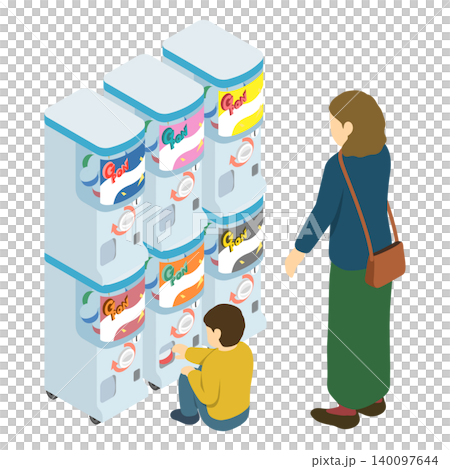 アイソメトリックイラスト:カプセルトイマシンを回す男の子とお母さん アイソメトリックイラスト:カプセルトイマシンを回す男の子とお母さん 140097644