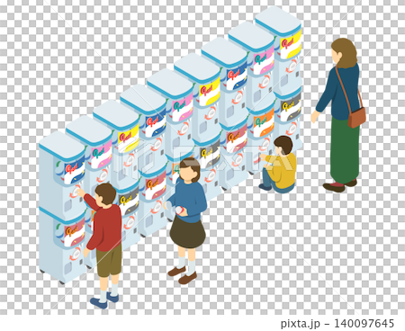 Isometric illustration: People playing with capsule toy machines Isometric illustration: People playing with capsule toy machines 140097645
