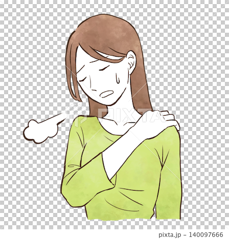 肩こりに悩まされる若い女性　水彩風の手描きイラスト素材 140097666