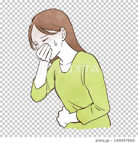 吐き気がある若い女性　水彩風の手描きイラスト素材 140097668