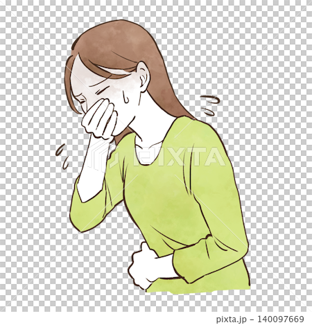 吐き気がある若い女性　水彩風の手描きイラスト素材 140097669