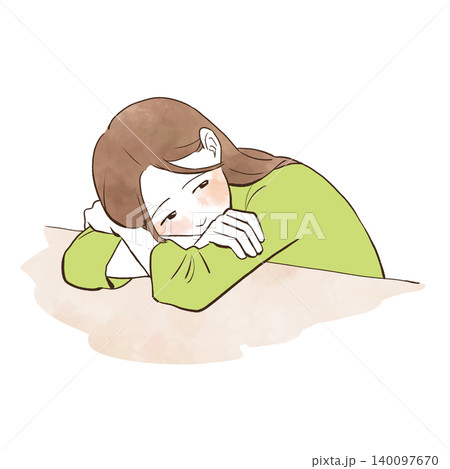 机に突っ伏して頬を赤らめる若い女性　水彩風の手描きイラスト素材 140097670