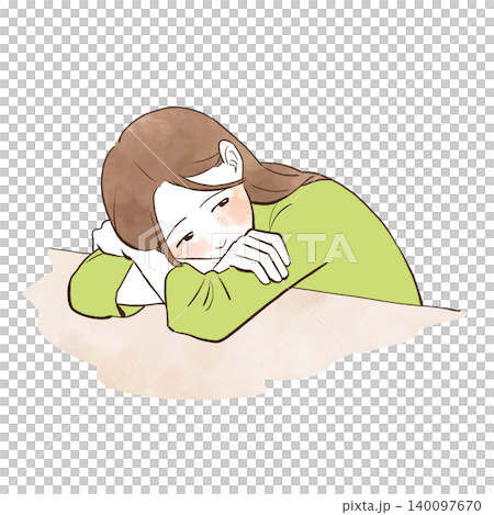 机に突っ伏して頬を赤らめる若い女性　水彩風の手描きイラスト素材 140097670