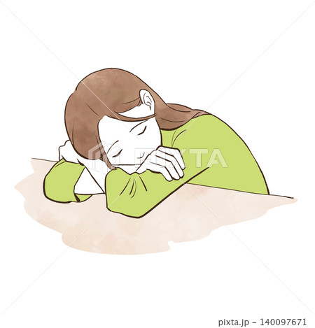 机に突っ伏して眠る若い女性 水彩風の手描きイラスト素材 机に突っ伏して眠る若い女性 水彩風の手描きイラスト素材 140097671