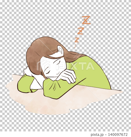 一位年輕女子趴在桌上睡覺——水彩風格手繪插圖。 140097672