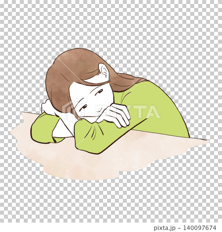 一位表情憂鬱的年輕女子伏在桌上——水彩風格的手繪插圖。 一位表情憂鬱的年輕女子伏在桌上——水彩風格的手繪插圖。 140097674