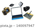 Photo equipment with laptop, camera, lens, mouse, and drawing pad on white background, concept of creativity and digital workflow 140097947
