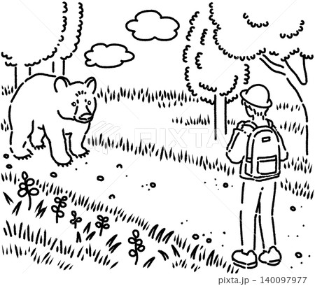林の中で遭遇した熊と男性のモノクロイラスト 林の中で遭遇した熊と男性のモノクロイラスト 140097977