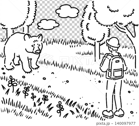 林の中で遭遇した熊と男性のモノクロイラスト 林の中で遭遇した熊と男性のモノクロイラスト 140097977