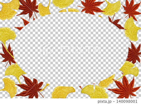 [Horizontal frame of autumn leaves and ginkgo leaves] Hand-embroidered illustration material 140098001