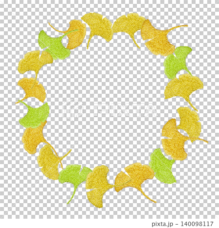 【イチョウの丸フレーム】手刺繍イラスト素材 140098117