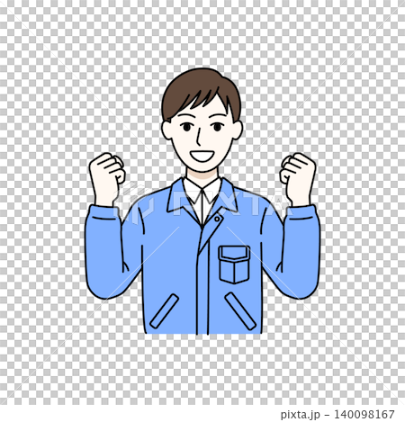Male worker making a victory pose, celebrating success, joy, and motivation (illustration) 140098167