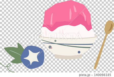 Strawberry shaved ice in a retro bowl with morning glories - Summer Japanese sweets illustration material 140098185
