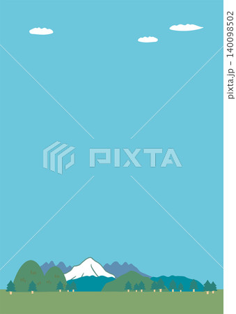 青空と山と森のイベント背景イラスト_コピースペースあり_縦位置 140098502
