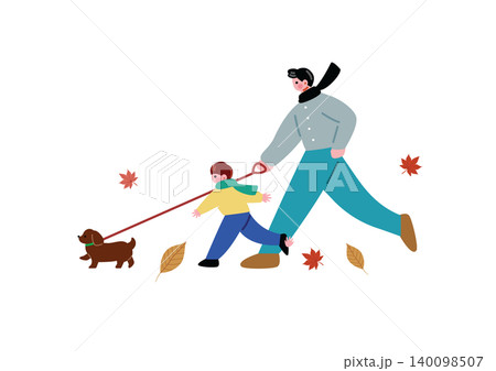 秋の公園で犬の散歩をする親子のイラスト 140098507