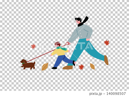 一幅描繪家長和孩子在秋日公園遛狗的插圖。 一幅描繪家長和孩子在秋日公園遛狗的插圖。 140098507